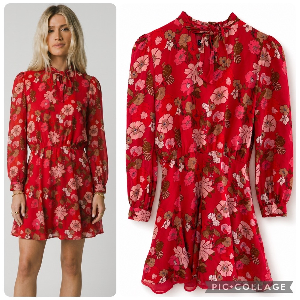 ZARA Red Floral Mini Dress Tie Neck Long Sleeve Boho Flowy Size M